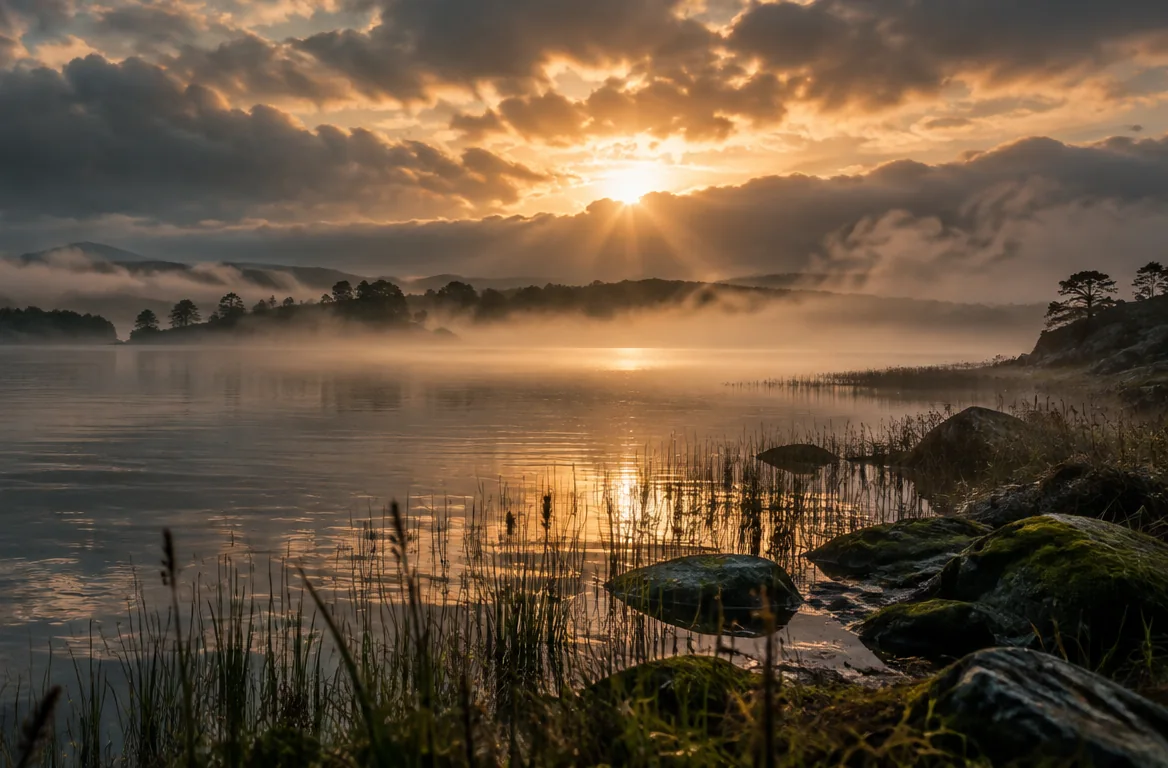 Reflets du soleil couchant sur un lac sauvage irlandais